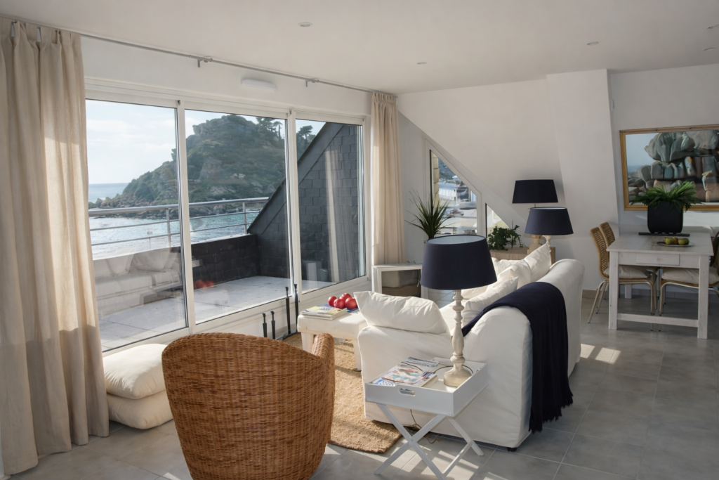 Salon lumineux avec vue mer et terrasse, grande baie vitrée, décoration moderne et épurée